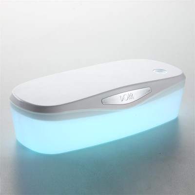 Caixa translúcida iluminada com tampa branca e botão circular