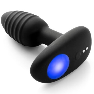 Plug anal preto com base iluminada azul e textura ondulada