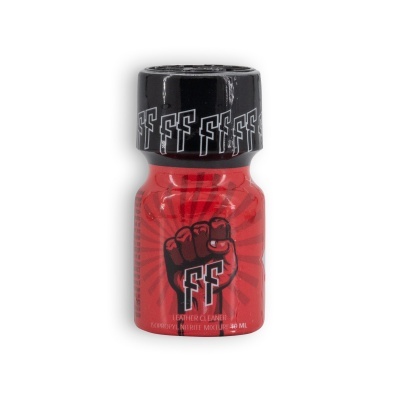 Frasco vermelho pequeno com tampa preta e texto FF Leather Cleaner