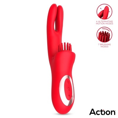 Vibrador vermelho com duas extensões e escovas, painel de controlo prateado, texto em fundo branco