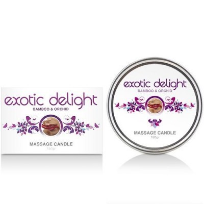 Vela de massagem Exotic Delight Bamboo & Orchid com embalagem branca e lata metálica decoradas
