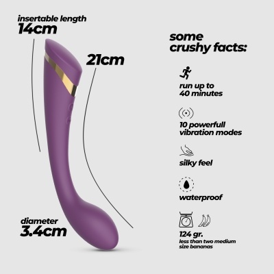 Vibrador roxo com detalhes dourados e características técnicas descritas ao lado
