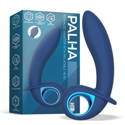 Vibrador azul escuro de silicone com base azul claro e caixa azul ao lado