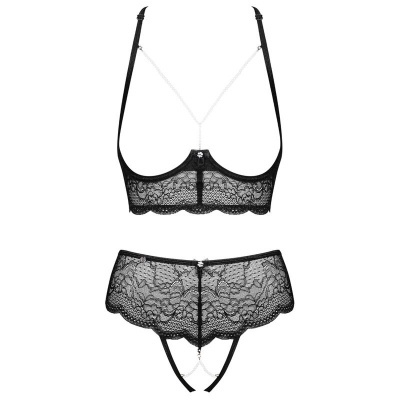 Conjunto de lingerie preto em renda com detalhes brilhantes