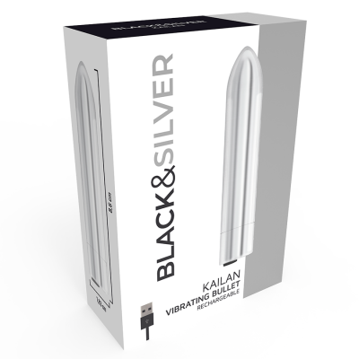Embalagem branca e preta com vibrador prata tipo bullet e texto BLACK&SILVER KAILAN VIBRATING BULLET RECHARGEABLE