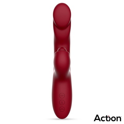 Vibrador vermelho com três botões e design curvado.