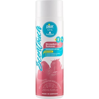 frasco branco de loção de massagem pjur SPA ScentTouch com aroma Strawberry Summer e detalhes rosa
