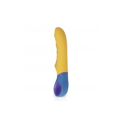 Vibrador amarelo e azul com detalhes roxos