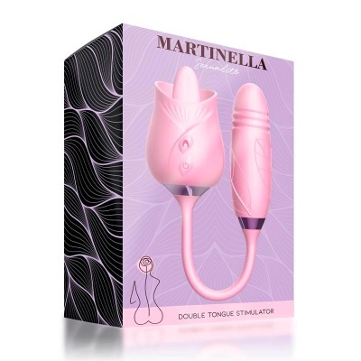 Embalagem rosa e preta de estimulador duplo cor-de-rosa com texto MARTINELLA Feminista e DOUBLE TONGUE STIMULATOR