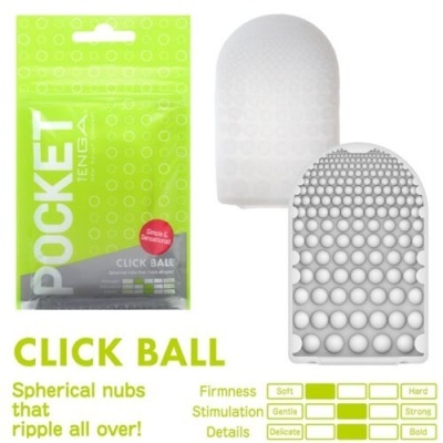 Produto Tenga Pocket Click Ball branco com textura de nós esféricos e embalagem verde cinza