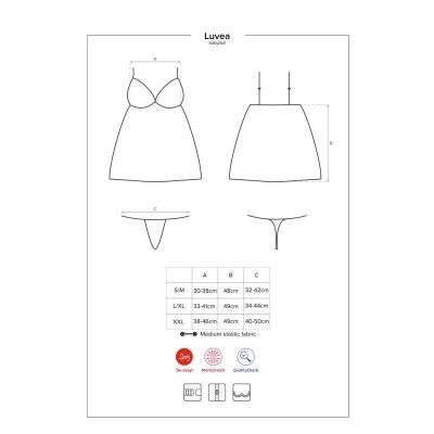 Desenho técnico de conjunto de roupa interior feminina Luvea com tabela de tamanhos e ícones de tecido