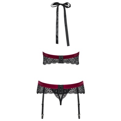 Conjunto de lingerie em cetim preto com veludo vermelho e renda preta.