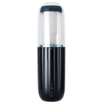 Dispositivo cilíndrico preto com parte superior transparente e botões na base