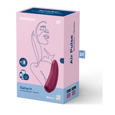 Embalagem do produto Satisfyer Curvy 1+ cor vinho, fundo rosa e azul