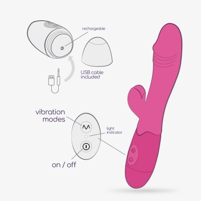 Imagem de um vibrador cor-de-rosa com controlo remoto e acessórios