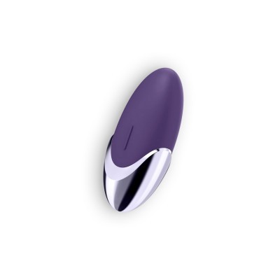 Dispositivo oval roxo com detalhe prateado sobre fundo branco