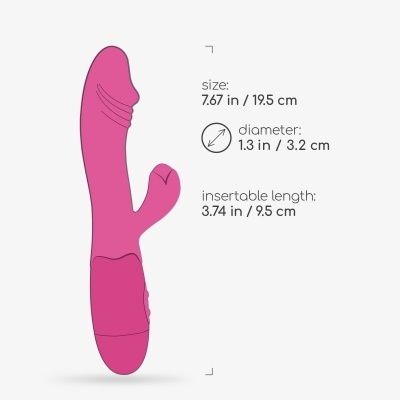 Vibrador rosa com medidas em texto ao lado