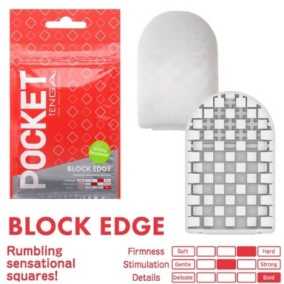 Produto Tenga Pocket Block Edge com embalagem vermelha e produto branco com padrão quadriculado.