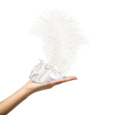 Bolsa de cetim branca com pluma branca numa mão sobre fundo branco