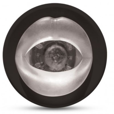 Botão preto com relevo prateado de lábios e olho estilizado