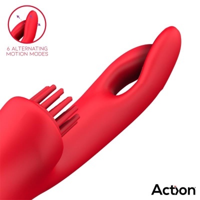 Vibrador vermelho com cerdas e duas extremidades, texto '6 ALTERNATING MOTION MODES' e logo 'Acton'