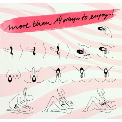 Ilustrações em preto sobre fundo rosa e branco com texto 'more than 14 ways to enjoy!'