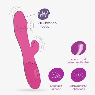 Vibrador rosa em silicone com etiquetas informativas