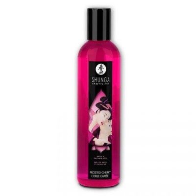 Frasco rosa de gel de banho Shunga com tampa preta e rótulo ilustrado