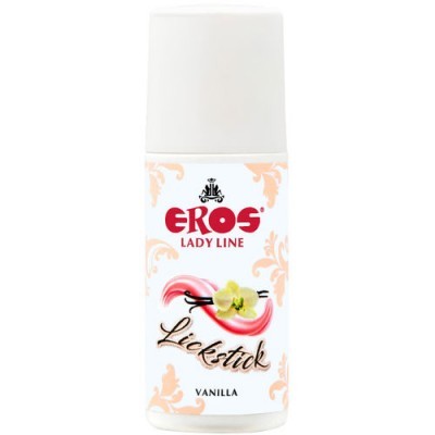 Frasco branco de produto com rótulo 'EROS LADY LINE Lickstick VANILLA' e imagem de flor