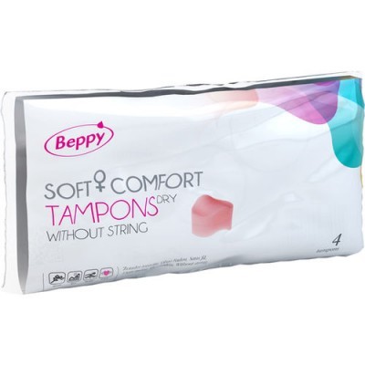 Embalagem de tampões Beppy Soft Comfort Dry sem cordão, branca com detalhes coloridos, 4 unidades