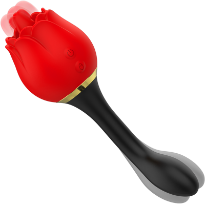 Vibrador rosa vermelho com corpo preto e detalhes dourados