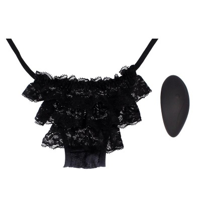 Cueca feminina preta em renda com acessório ovóide preto