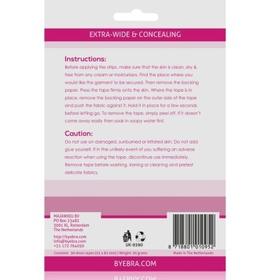 Embalagem branco e rosa com texto em inglês sobre uso de fita adesiva extra larga