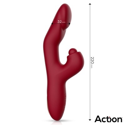 Vibrador vermelho em silicone com dimensões indicadas, fundo branco e logótipo Action