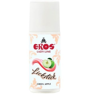 Frasco branco EROS LADY LINE Lickstick sabor Green Apple com imagem de maçã verde