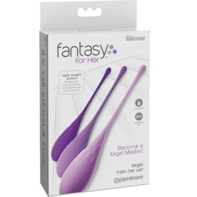 Conjunto de treino Kegel em silicone três peças em tons de lilás e roxo na embalagem branca Fantasia for Her