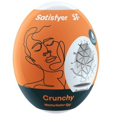Embalagem do Satisfyer Crunchy Masturbator Egg laranja e preta com ilustração de rosto e detalhes em branco