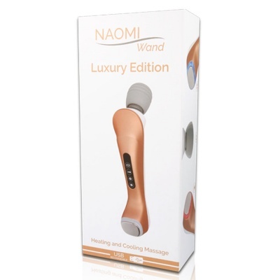 Embalagem branca com massageador dourado claro e cinza e texto NAOMI Wand Luxury Edition