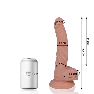 Dildo cor de pele com medidas ao lado de lata branca com texto intense