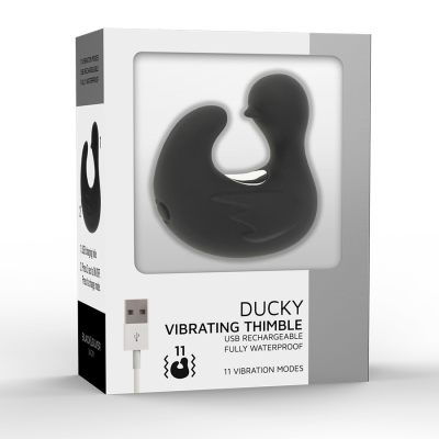 Embalagem de Ducky Vibrating Thimble preto com detalhes brancos e cinza