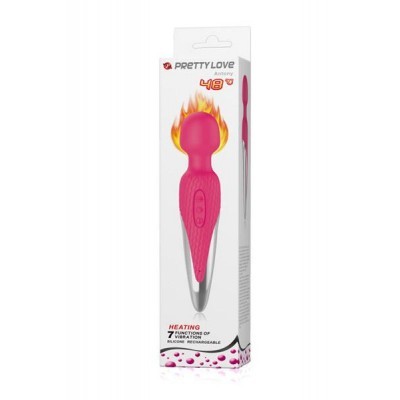 Embalagem de vibrador cor-de-rosa e prateado com texto e fogo desenhado.