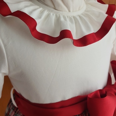 Detalhe de roupa de criança com gola branca e vermelha e saia aos quadrados vermelhos.