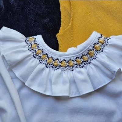 Camisa ou body azul e mostarda