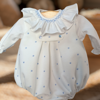 Look piquet bolinhas azuis com gola Smock