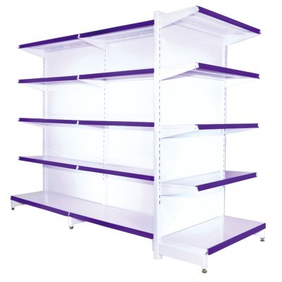 Prateleira dupla branca com detalhes roxos para loja, vazia