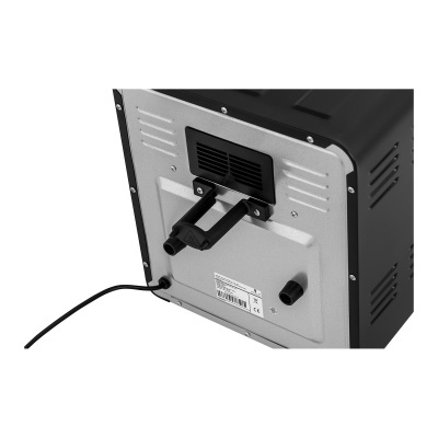 Parte traseira de forno ou micro-ondas preto e cinza com ventilação e cabo elétrico