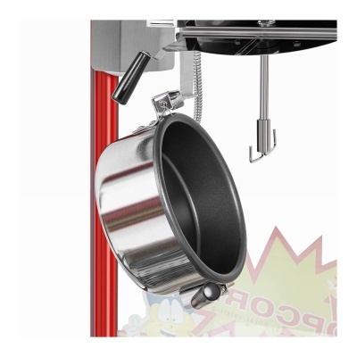 Panelas pequenas de metal prateado com interior antiaderente preto penduradas numa estrutura vermelha de metal