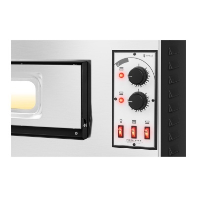 Máquina de pizza metálica com painel de controlo branco e botões vermelhos