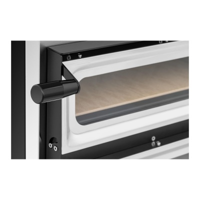 Porta de forno metálica preta com vidro transparente e puxador cilíndrico preto.