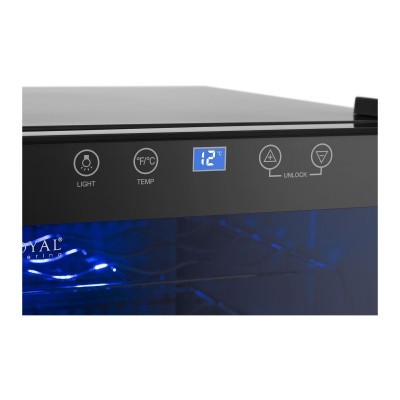 Frontal superior de frigorífico para garrafas com ecrã digital a 12°C e botões de luz, temperatura e desbloqueio.